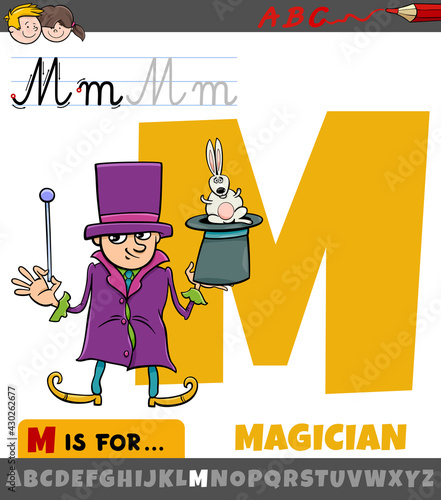 letter M from alphabet with cartoon magician character