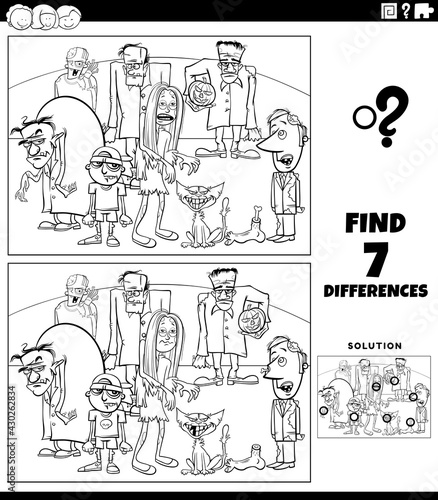 differences game with cartoon zombies coloring book page