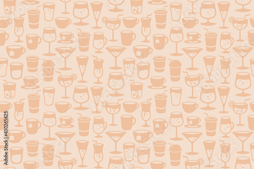 Various drinks seamless pattern. Repetitive vector illustration of various drinks silhouettes. Bar pub design deco. Coffee, tea and various alcohol drinks. Cafe, kitchen textile wallpaper. 