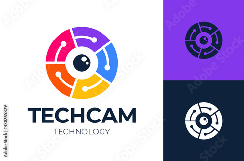 Tecnology camera logo.Circle lines camera with tech connect logo vector symbol icon illustration design