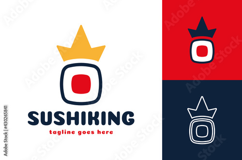 Crown sushi logo. vector Japanese seafood restaurant symbol of fresh royal sushi or roll with king crown