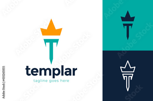 Sword and crown letter t logo. Abstract initial letter T and sword combination, flat design logo template, vector illustration