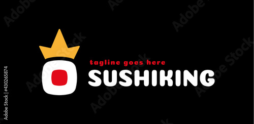 Crown sushi logo. vector Japanese seafood restaurant symbol of fresh royal sushi or roll with king crown