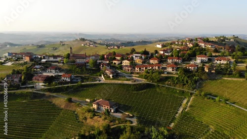 Treiso town landscape, Langhe, Piedmont, Italy. sunset light on vineyards