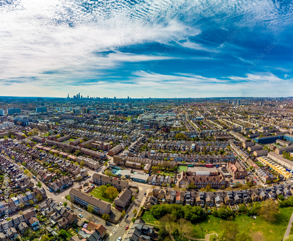 Aerial view of London residential streets, Hackney