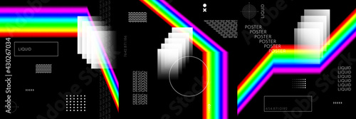 Vector illustration. Abstract liquid color shapes collection isolated on black geometric background. Modern art. Design elements for social media template, web banner. Rainbow color. Light refraction