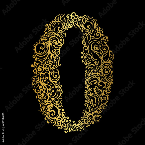 Curling alphabet. Number 0. Vector illustration. Typographic vector element for design. Digit zero with cyrly lines floral. Typography design for posters, logos, cover, etc. photo