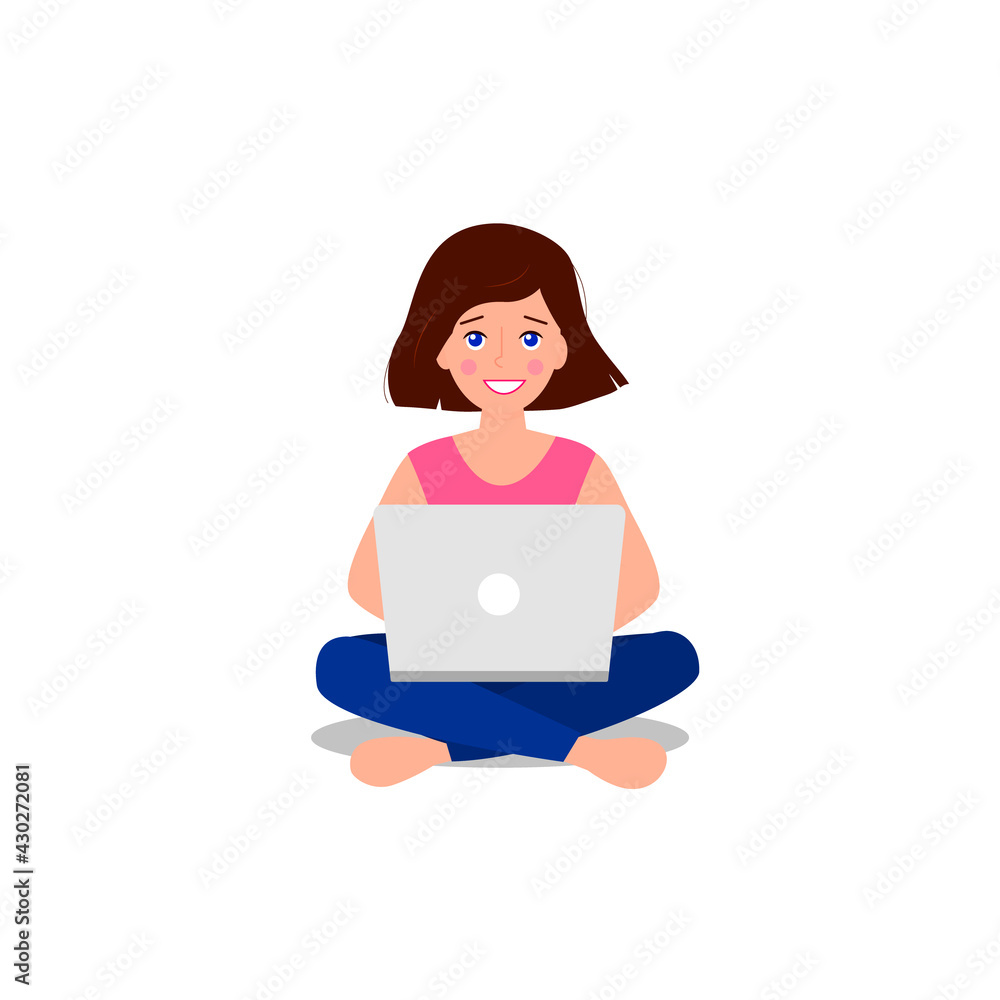 European girl sits on the lotus position with a laptop Remote work or online education concept. Vector illustration European girl sits on the lotus position with a laptop Remote work or online education concept. Vector illustration