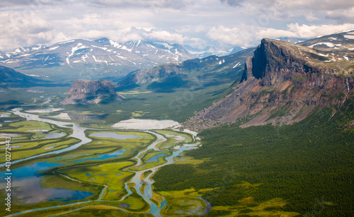 The view from a helicopter flying above Rapadalen valley  Sarek park  Swedish Lapland.