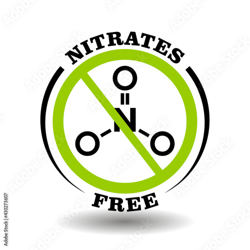 Prohibited vector stamp Nitrate formula free for bio packaging label. Round sign No nitrates in healthy products logo, bio chemicals icon, organic cosmetics pictogram, natural food marking