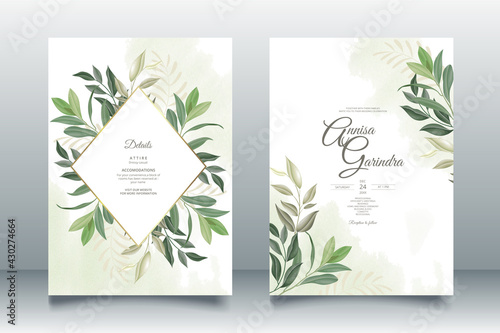  Wedding invitation card template set with beautiful leaves Premium Vector © MARIANURINCE