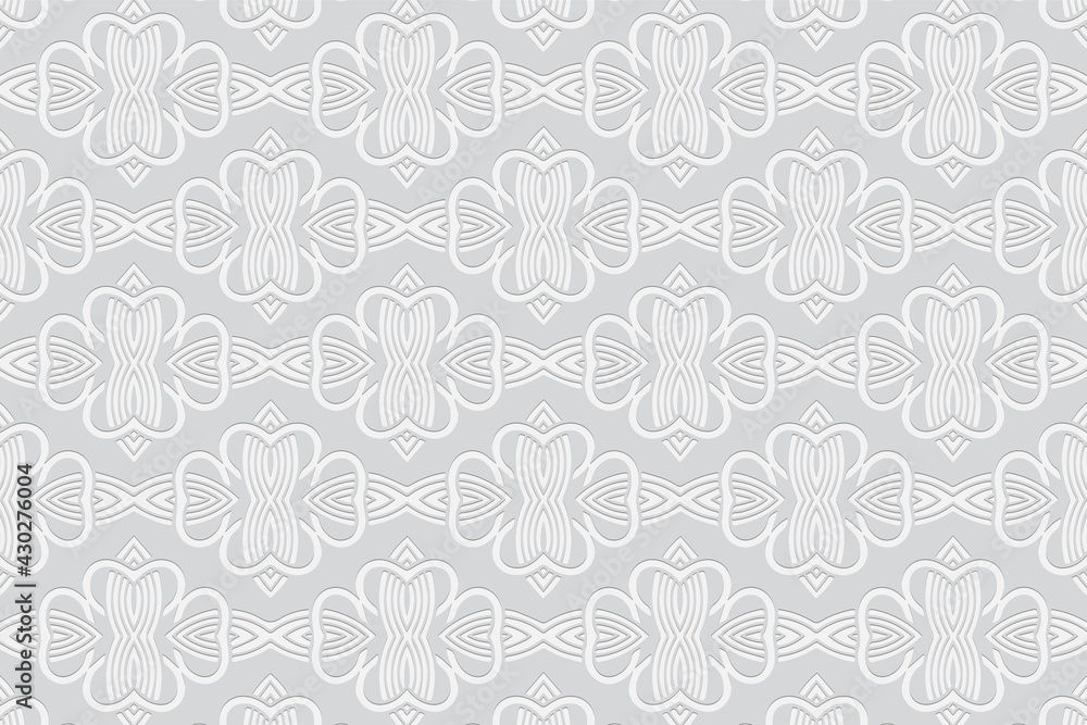 3d volumetric convex geometric white background. Embossed exotic oriental islamic pattern with traditional ethnic elements. Design for presentations, websites, textiles, coloring. 3d volumetric convex geometric white background. Embossed exotic oriental islamic pattern with traditional ethnic elements. Design for presentations, websites, textiles, coloring.