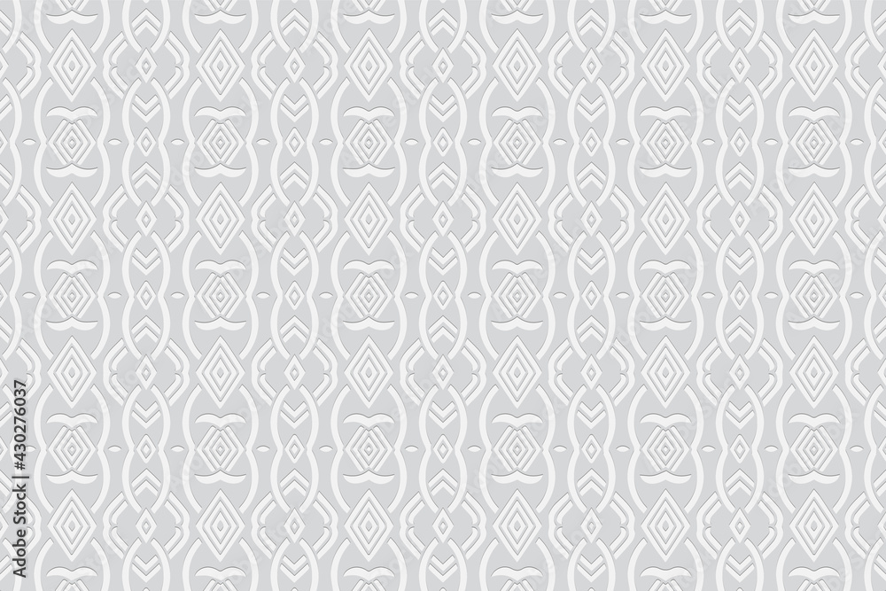 3d volumetric convex geometric white background. Ethnic embossed oriental islamic pattern with traditional abstract shapes. Design for presentations, websites, textiles, wallpapers. 3d volumetric convex geometric white background. Ethnic embossed oriental islamic pattern with traditional abstract shapes. Design for presentations, websites, textiles, wallpapers.