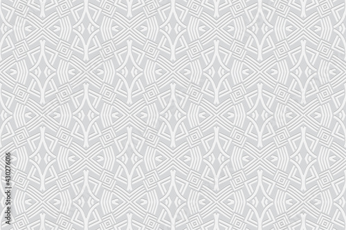 3d volumetric convex geometric white background. Embossed oriental islamic pattern with traditional ethnic elements, shapes and lines. Design for presentations, websites, textiles.