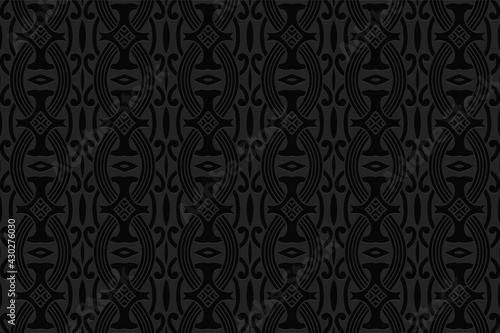 3d volumetric convex geometric black background. Ethnic embossed unique oriental islamic pattern with traditional figures. Design for presentations, websites, textiles, wallpapers.