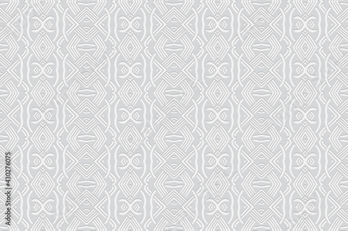 3d volumetric convex geometric abstract stylish white background. Ethnic embossed oriental islamic pattern. Design for presentations, websites, textiles, wallpapers.