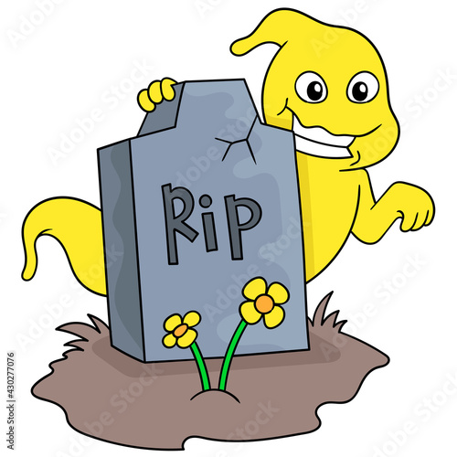 a yellow ghost in the grave, doodle icon image kawaii