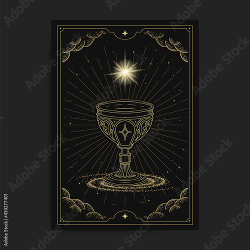 Holy Grail or cup, symbol of spiritual with engraving, hand drawn, luxury, celestial, esoteric, boho style, fit for spiritualist, religious, paranormal, tarot reader, astrologer or tattoo vector