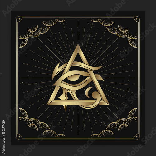 Horus eye, the god of ancient egypt with engraving, hand drawn, luxury, celestial, esoteric, boho style, fit for spiritualist, religious, paranormal, tarot reader, astrologer or tattoo vector