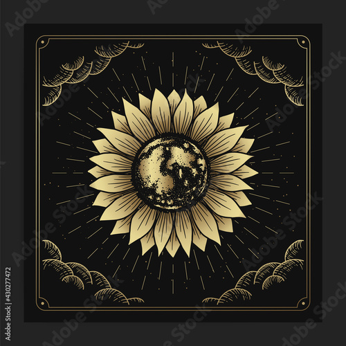 Sun flower with engraving, hand drawn, luxury, celestial, esoteric, boho style, fit for spiritualist, religious, paranormal, tarot reader, astrologer or tattoo vector