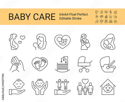 Baby care and safety icon set. Editable vector stroke. 64x64 Pixel Perfect.