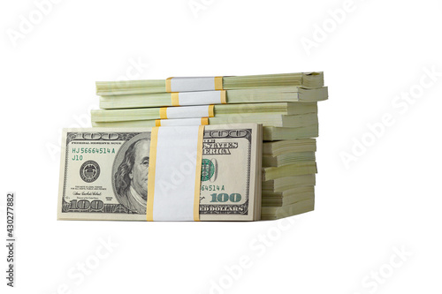 One hundred dollar stacks isolated on white