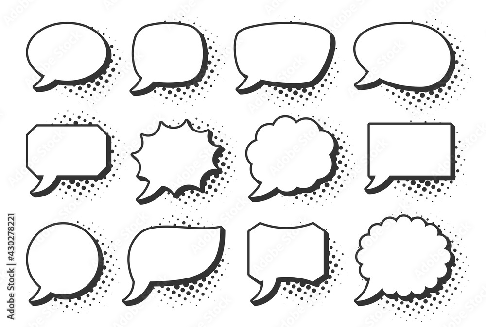 Retro sketch speech bubble icon set. Cartoon pop art bubbles with black halftone shadow. Vector design fun comic page dialog text message balloon template shapes. Boom, burst, wow effect empty frame Retro sketch speech bubble icon set. Cartoon pop art bubbles with black halftone shadow. Vector design fun comic page dialog text message balloon template shapes. Boom, burst, wow effect empty frame
