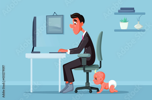 Father Working Remotely from Home Vector Illustration 