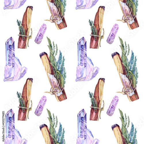 Seamless pattern watercolor stick of palo santo tree incense wood bandaged with crystal and herbs on white background. Hand-drawn illustration for yoga, meditation, aromatherapy, healing, card