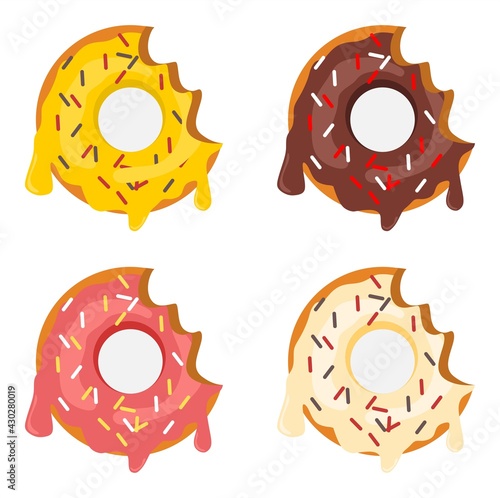 Vector illustration set of bitten donut with sprinkles topping, restaurant and café theme, suitable for food product advertisements
