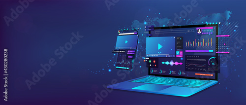 Laptop and smartphone with open dashboard. Online remote work concept. Work at home. Online conference, statistics and analysis, home business management. Business communication. Vector illustration