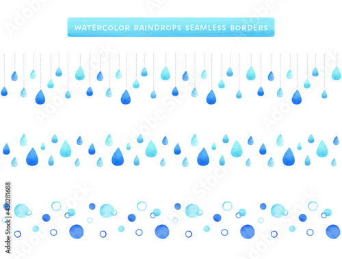 Set of seamless borders with blue watercolor raindrops and dots. Vector illustration.