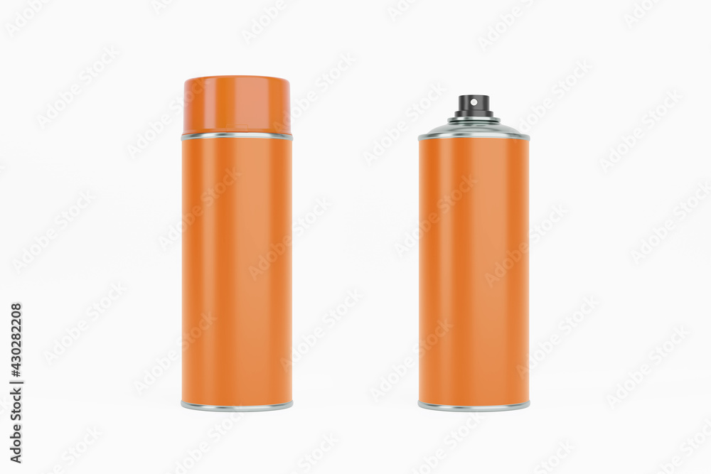 Spray paint can with orange cap and orange label. Isolated on white background for mock-up, branding. Spray paint can with orange cap and orange label. Isolated on white background for mock-up, branding.