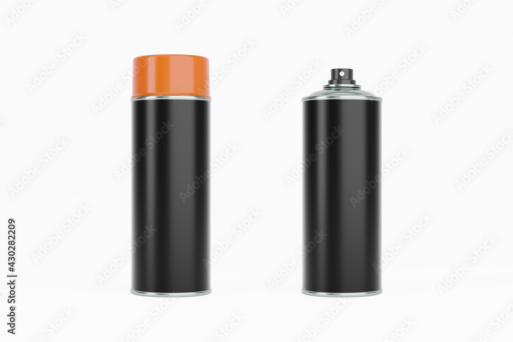 Spray paint can with orange cap and black label. Isolated on white background for mock-up, branding. Spray paint can with orange cap and black label. Isolated on white background for mock-up, branding.