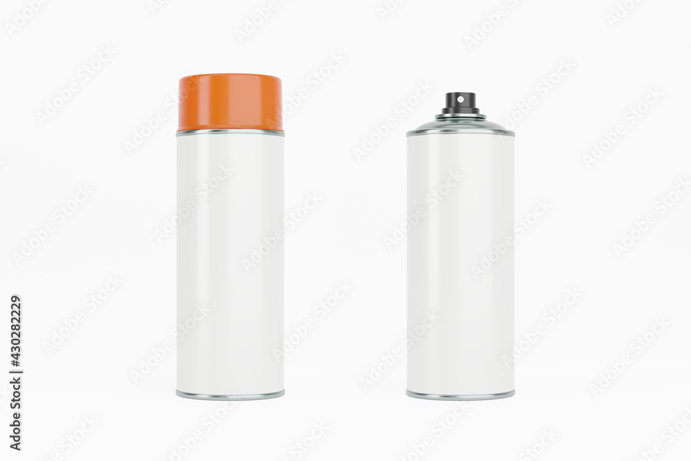 Spray paint can with orange cap and white label. Isolated on white background for mock-up, branding. Spray paint can with orange cap and white label. Isolated on white background for mock-up, branding.