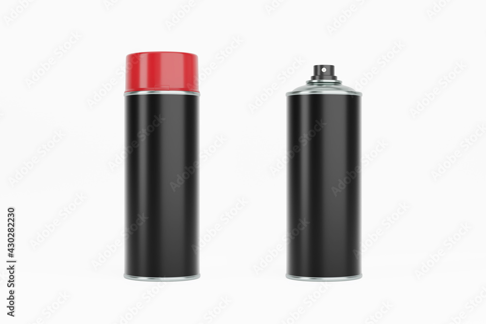 Spray paint can with red cap and black label. Isolated on white background for mock-up, branding. Spray paint can with red cap and black label. Isolated on white background for mock-up, branding.