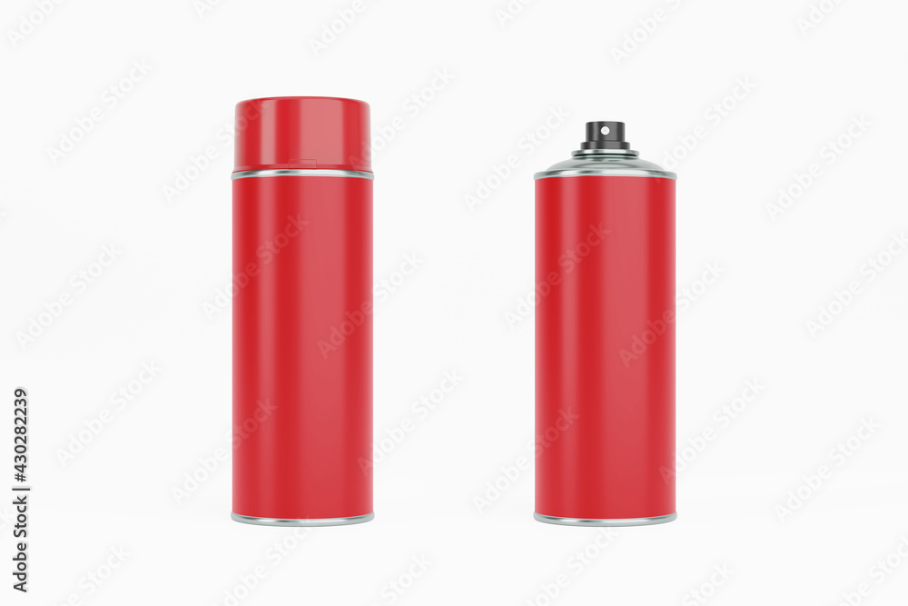 Spray paint can with red cap and red label. Isolated on white background for mock-up, branding. Spray paint can with red cap and red label. Isolated on white background for mock-up, branding.