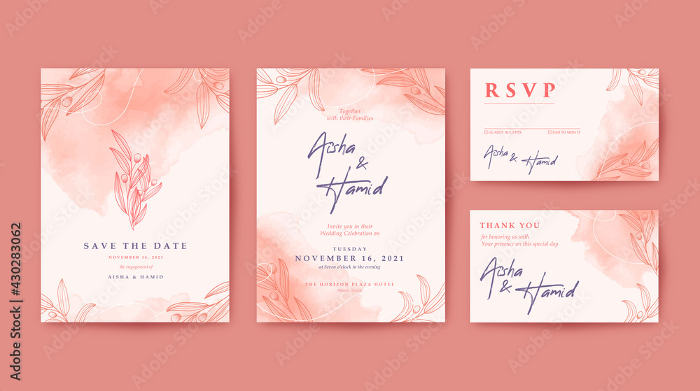 Elegant and romantic Wedding invitation with watercolor background
