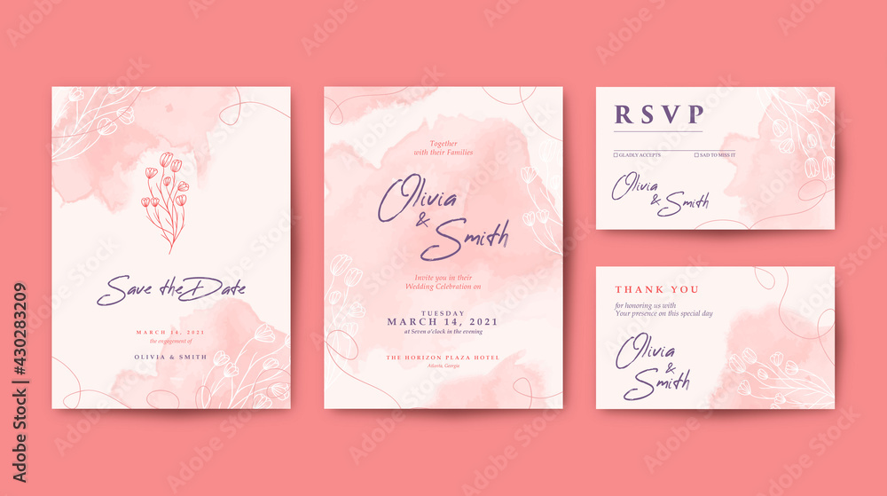 Romantic and sweet wedding invitation with watercolor background