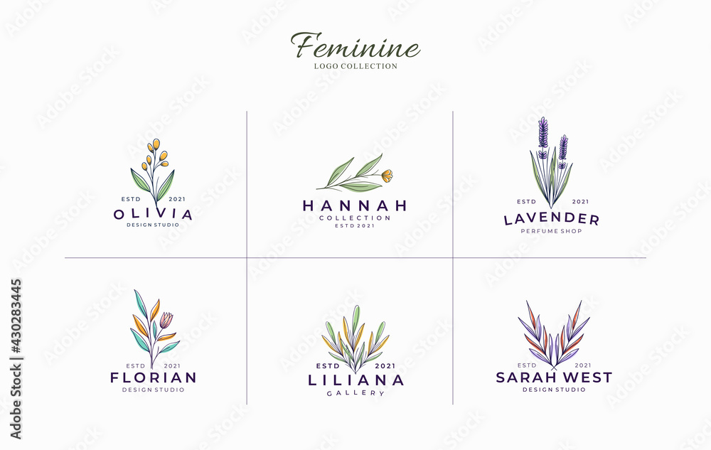Set of minimalist and Beautiful  feminine botanical logo template