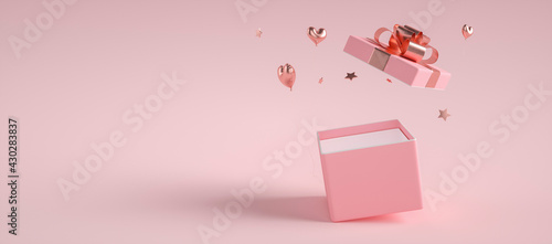 pink gift box with flying hearts and stars 3d rendering
 photo
