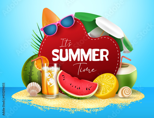 Summer time vector banner design. It's summer text in island with tropical fruit like watermelon, orange and coconut juice element for summer season background. Vector illustration
