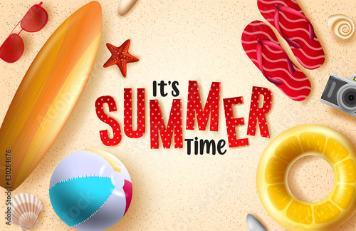 Summer time vector background design. It's summer time 3d text in sand background with beach element like beach ball, floater, surfboard and flipflop for fun and enjoy summer holiday.