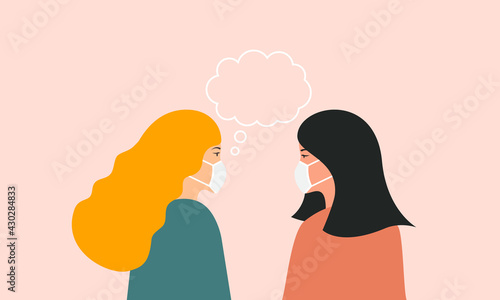 Illustration of two young women talking wearing a medical face mask. Vector