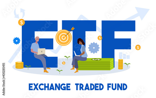 exchange traded fund concept man and woman working on laptop sit on money dollar currency ETF word around target gear coin icon with cartoon flat style