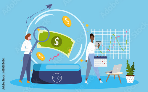 economic indicator concept women magnifying money dollar currency around chart laptop with cartoon flat style