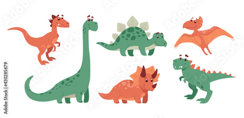 Funny set of dinosaurs. Stegosaurus  triceratops  brachiosaurus  brontosaurus  velociraptor  pteranodon  tyrannosaurus rex. The dinos are smiling cheerfully. Collection of prehistoric animals. Vector