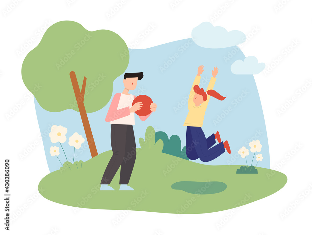 Dad and daughter are having fun playing ball in the park. flat design style minimal vector illustration. Dad and daughter are having fun playing ball in the park. flat design style minimal vector illustration.
