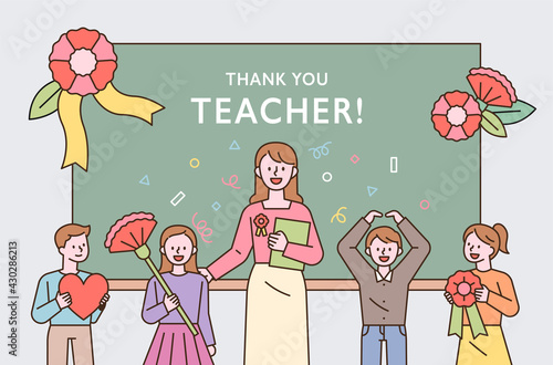 Teacher's Day commemorative thanks event. Young students and teachers are standing in front of the blackboard holding flowers. flat design style minimal vector illustration.