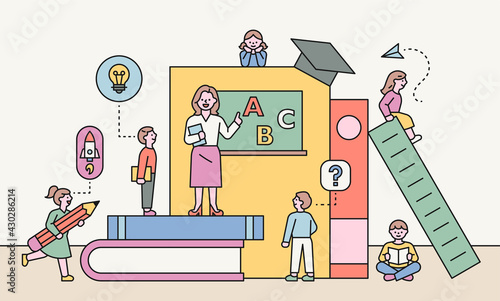 A teacher teaches students in a classroom made of huge books. flat design style minimal vector illustration.